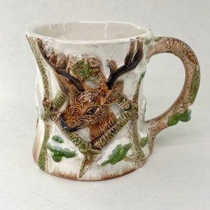Deer Buck Snowy Forest Tree Hand Painted Majolica Coffee Mug